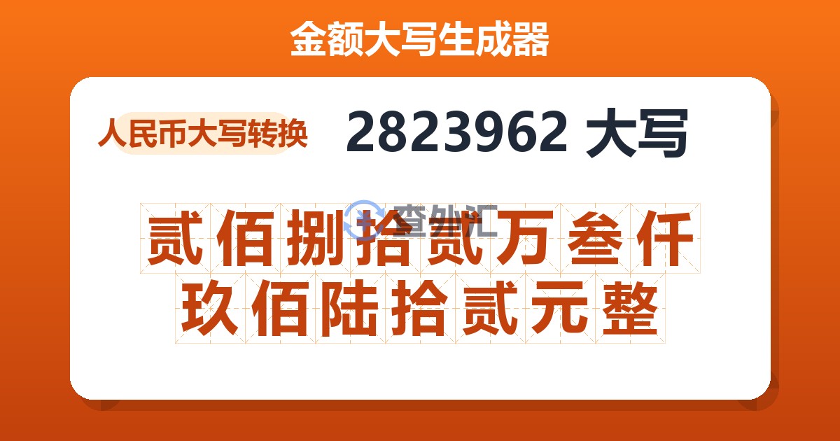 2823962大写 贰佰捌拾贰万叁仟玖佰陆拾贰元整