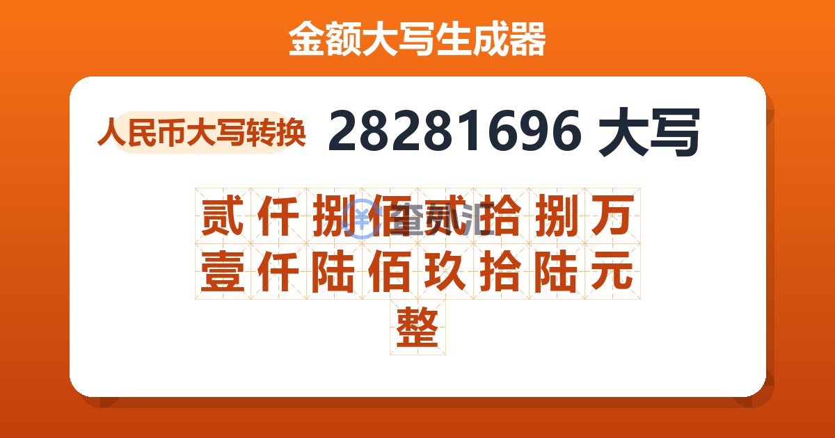 28281696大写 贰仟捌佰贰拾捌万壹仟陆佰玖拾陆元整