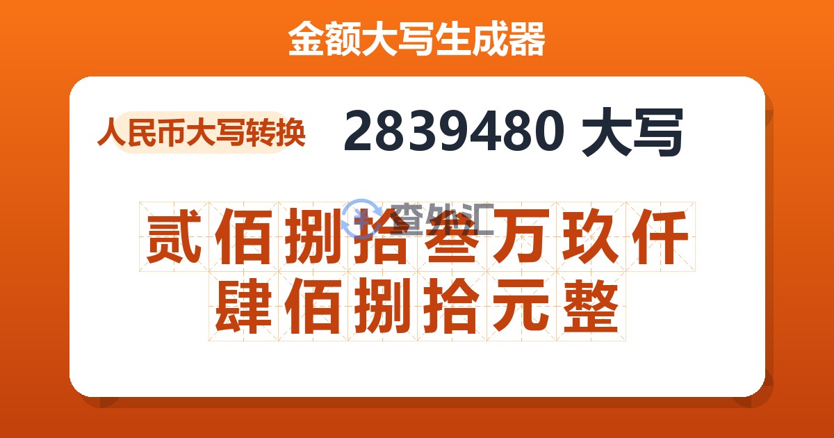 2839480大写 贰佰捌拾叁万玖仟肆佰捌拾元整