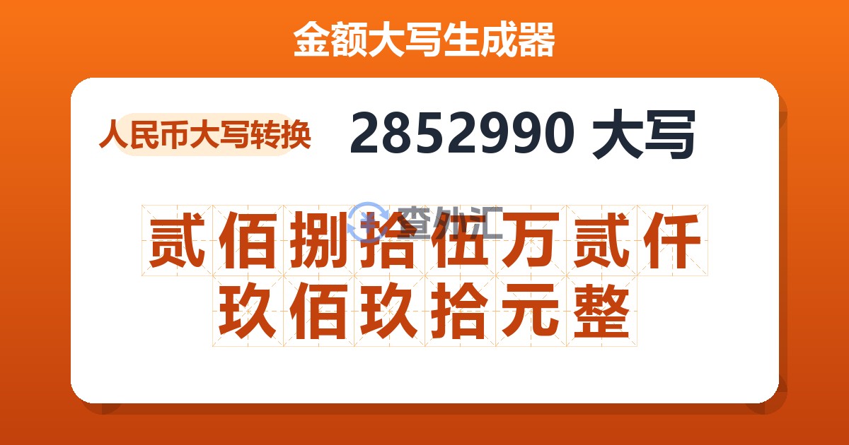 2852990大写 贰佰捌拾伍万贰仟玖佰玖拾元整