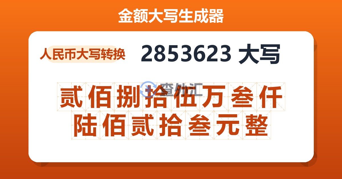 2853623大写 贰佰捌拾伍万叁仟陆佰贰拾叁元整