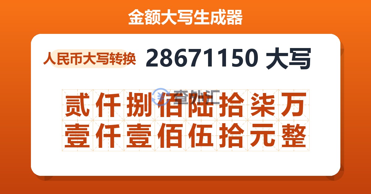 28671150大写 贰仟捌佰陆拾柒万壹仟壹佰伍拾元整