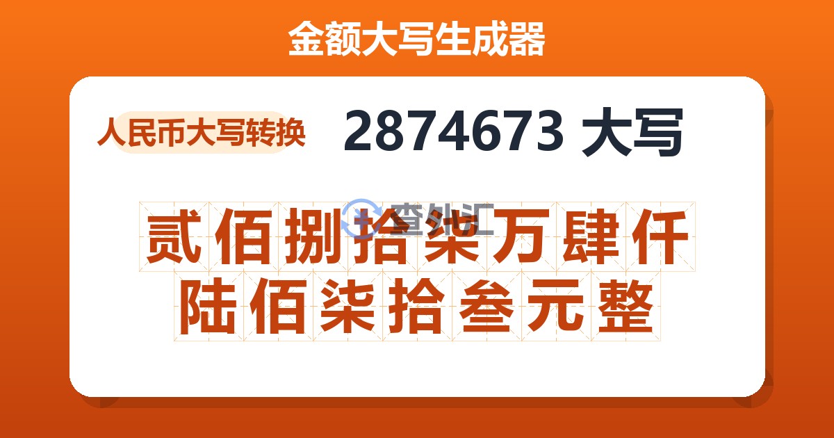 2874673大写 贰佰捌拾柒万肆仟陆佰柒拾叁元整