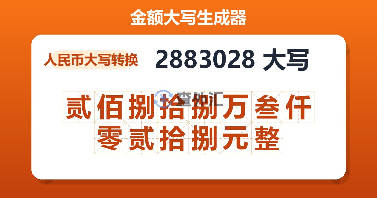 2883028大写 贰佰捌拾捌万叁仟零贰拾捌元整
