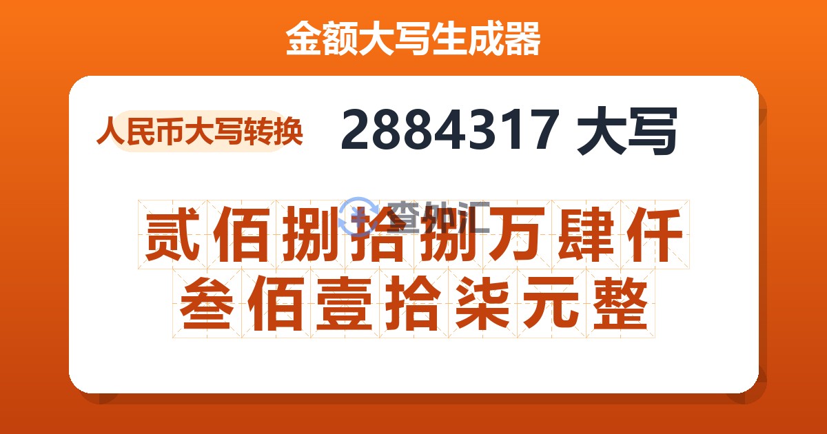 2884317大写 贰佰捌拾捌万肆仟叁佰壹拾柒元整