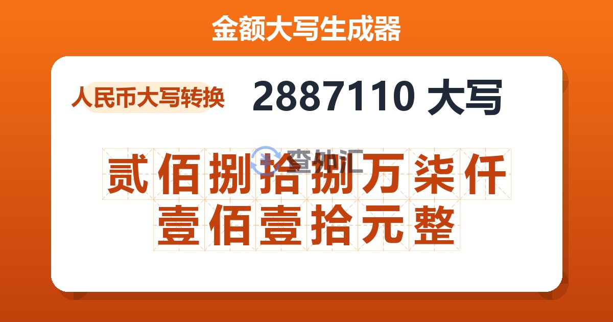 2887110大写 贰佰捌拾捌万柒仟壹佰壹拾元整