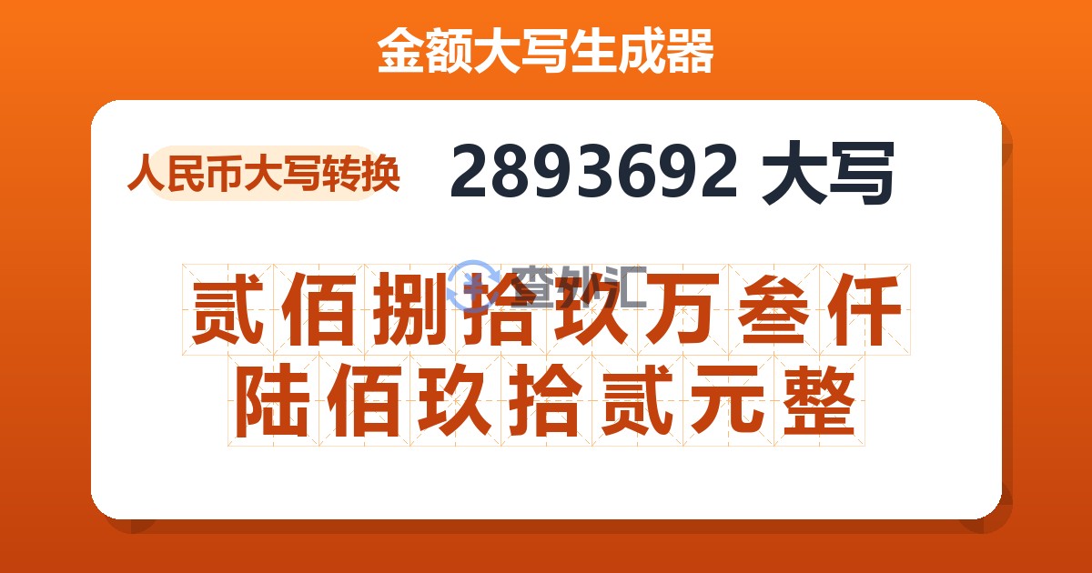 2893692大写 贰佰捌拾玖万叁仟陆佰玖拾贰元整