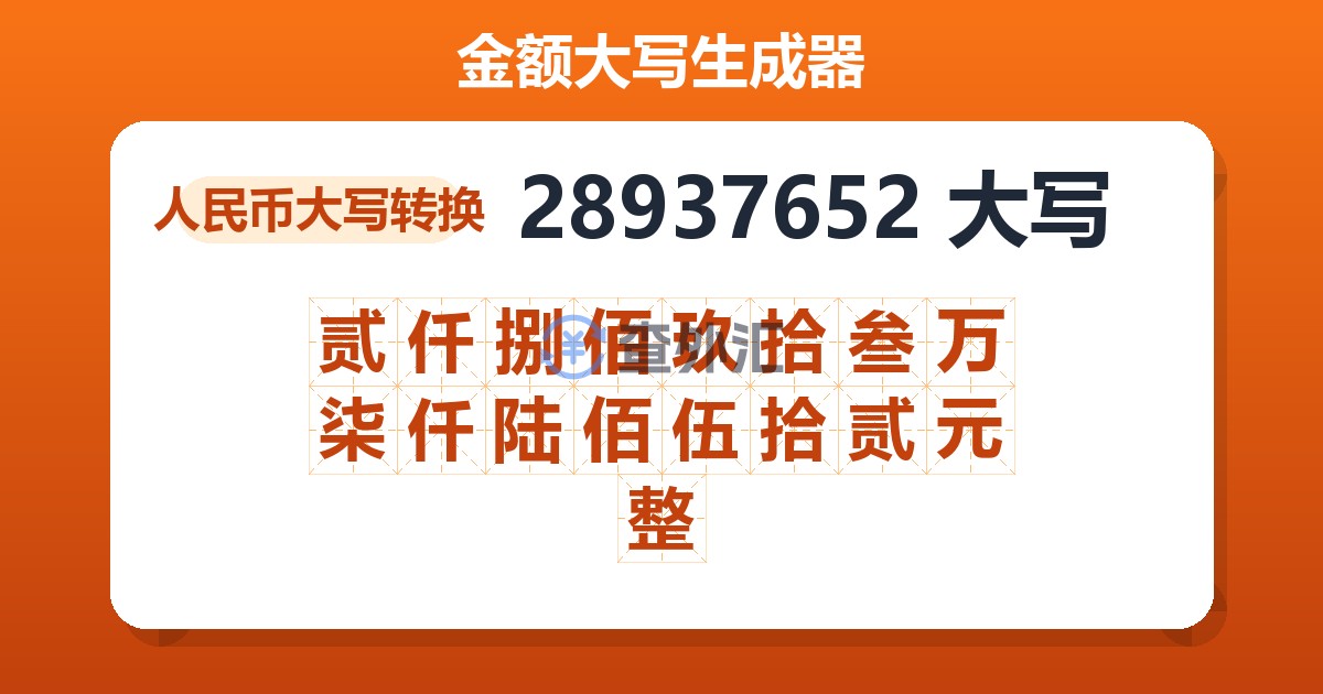 28937652大写 贰仟捌佰玖拾叁万柒仟陆佰伍拾贰元整