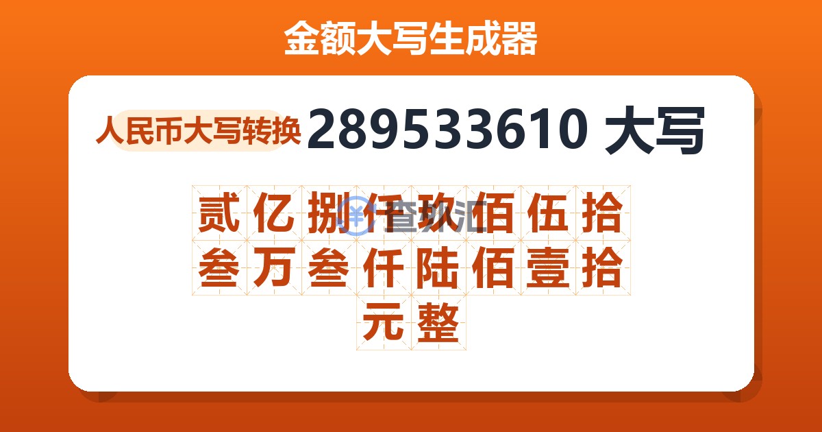 289533610大写 贰亿捌仟玖佰伍拾叁万叁仟陆佰壹拾元整