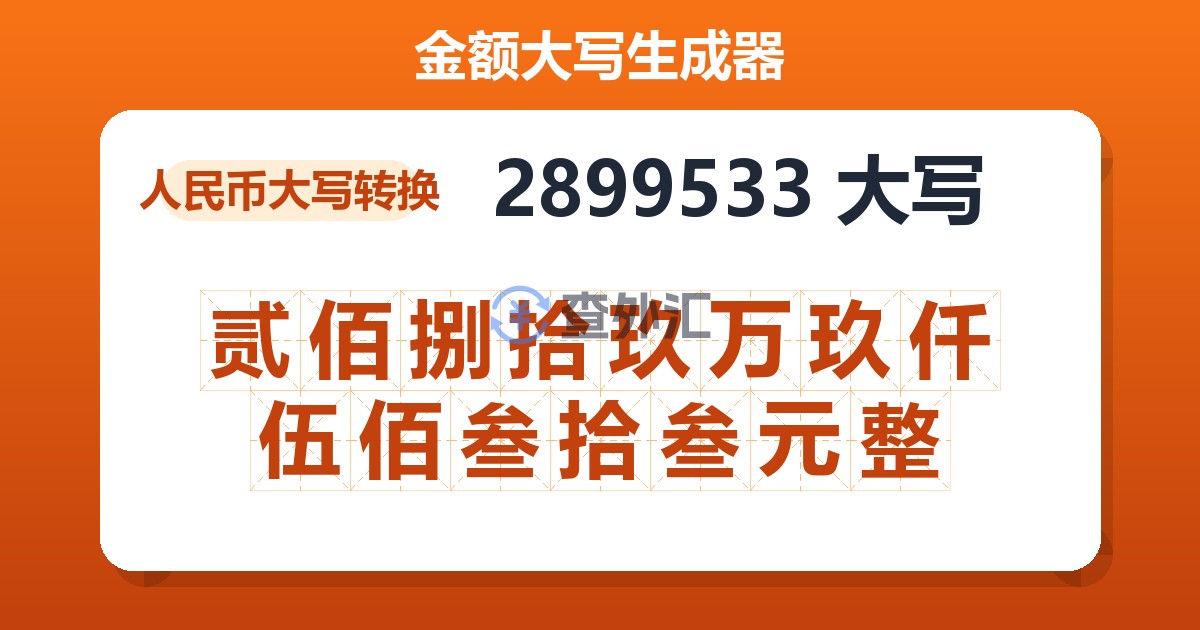 2899533大写 贰佰捌拾玖万玖仟伍佰叁拾叁元整