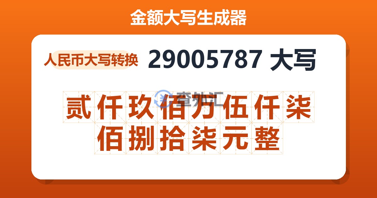29005787大写 贰仟玖佰万伍仟柒佰捌拾柒元整