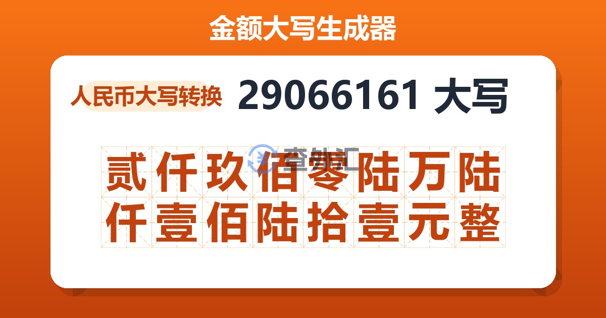 29066161大写 贰仟玖佰零陆万陆仟壹佰陆拾壹元整