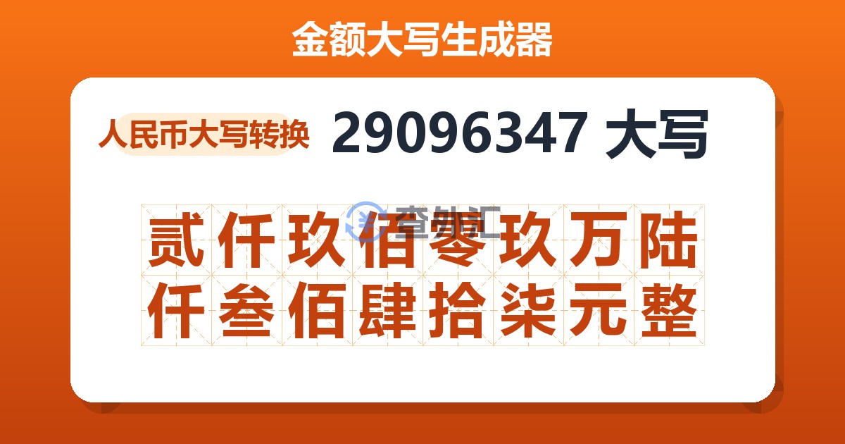 29096347大写 贰仟玖佰零玖万陆仟叁佰肆拾柒元整