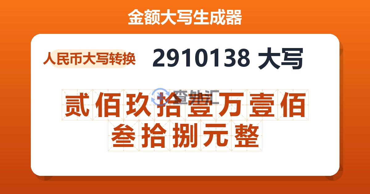 2910138大写 贰佰玖拾壹万壹佰叁拾捌元整
