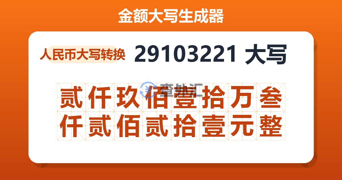 29103221大写 贰仟玖佰壹拾万叁仟贰佰贰拾壹元整