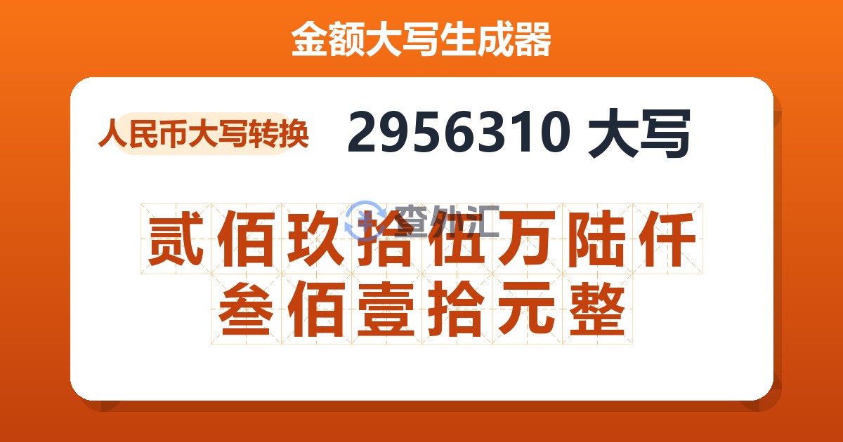 2956310大写 贰佰玖拾伍万陆仟叁佰壹拾元整