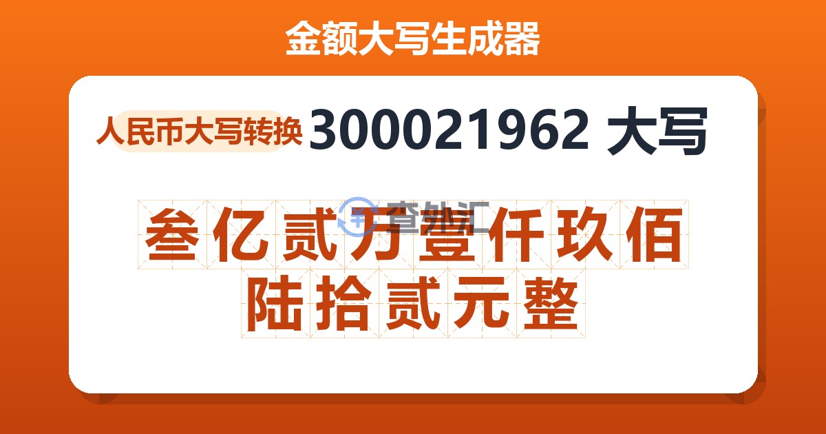 300021962大写 叁亿贰万壹仟玖佰陆拾贰元整