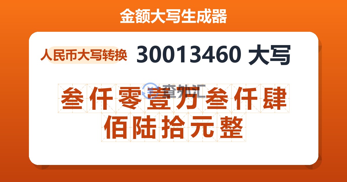 30013460大写 叁仟零壹万叁仟肆佰陆拾元整