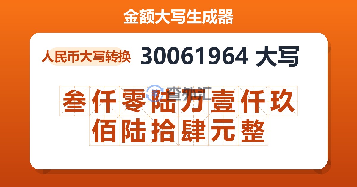 30061964大写 叁仟零陆万壹仟玖佰陆拾肆元整