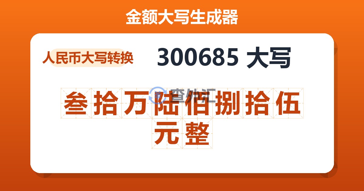 300685大写 叁拾万陆佰捌拾伍元整
