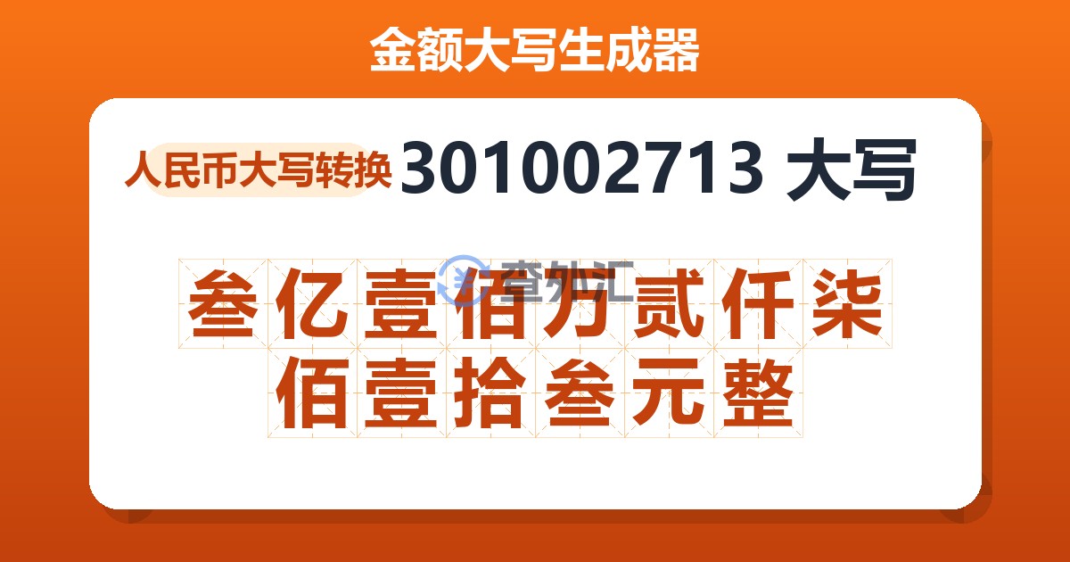 301002713大写 叁亿壹佰万贰仟柒佰壹拾叁元整