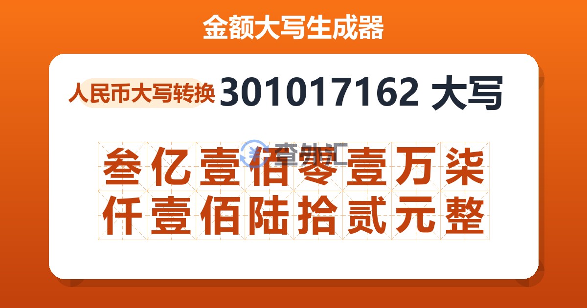 301017162大写 叁亿壹佰零壹万柒仟壹佰陆拾贰元整