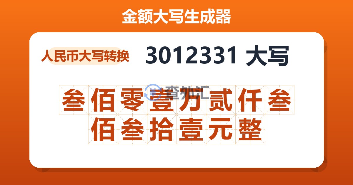 3012331大写 叁佰零壹万贰仟叁佰叁拾壹元整