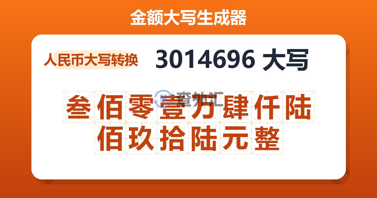 3014696大写 叁佰零壹万肆仟陆佰玖拾陆元整