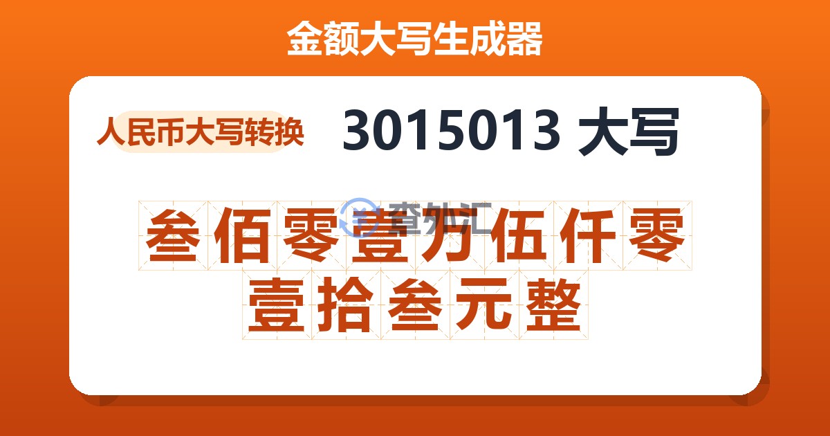 3015013大写 叁佰零壹万伍仟零壹拾叁元整