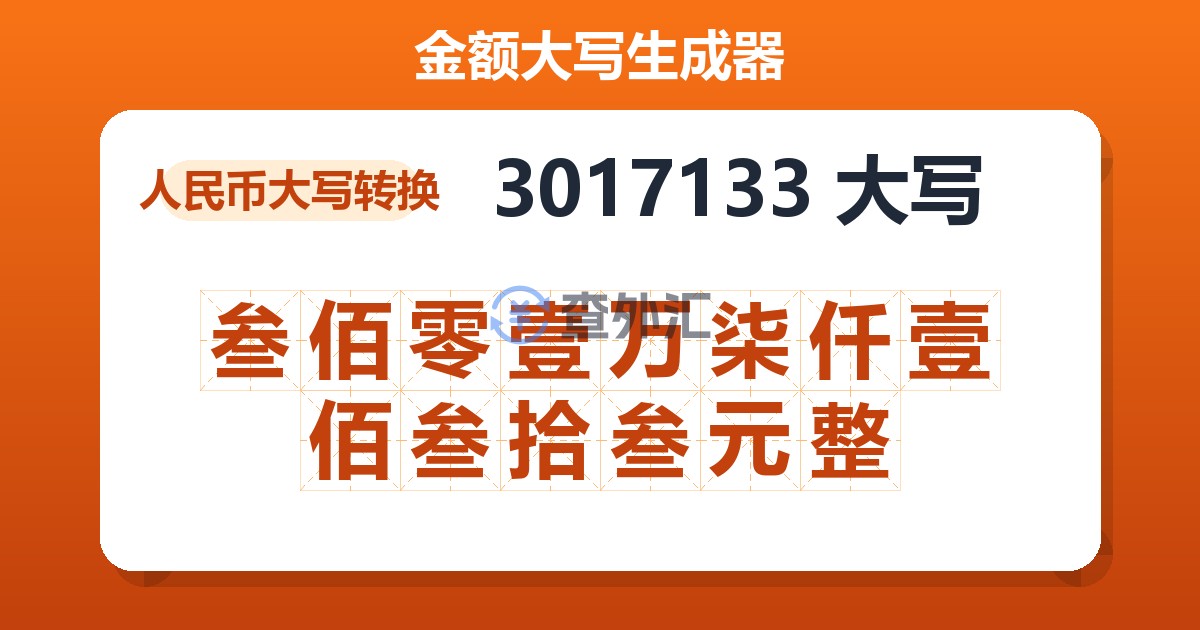 3017133大写 叁佰零壹万柒仟壹佰叁拾叁元整