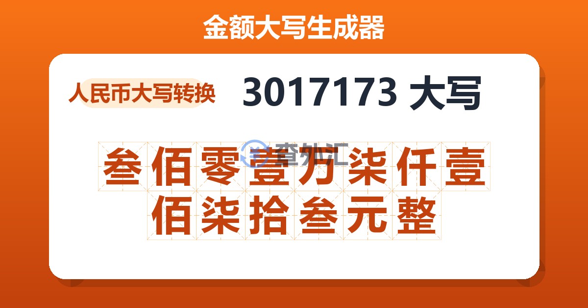 3017173大写 叁佰零壹万柒仟壹佰柒拾叁元整