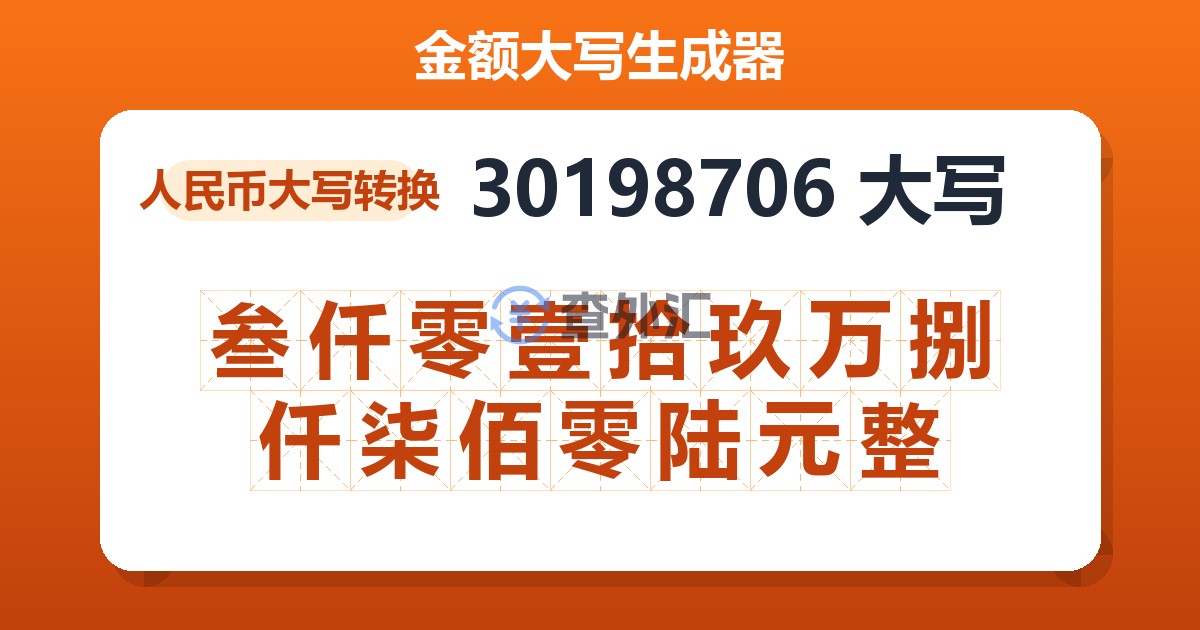 30198706大写 叁仟零壹拾玖万捌仟柒佰零陆元整