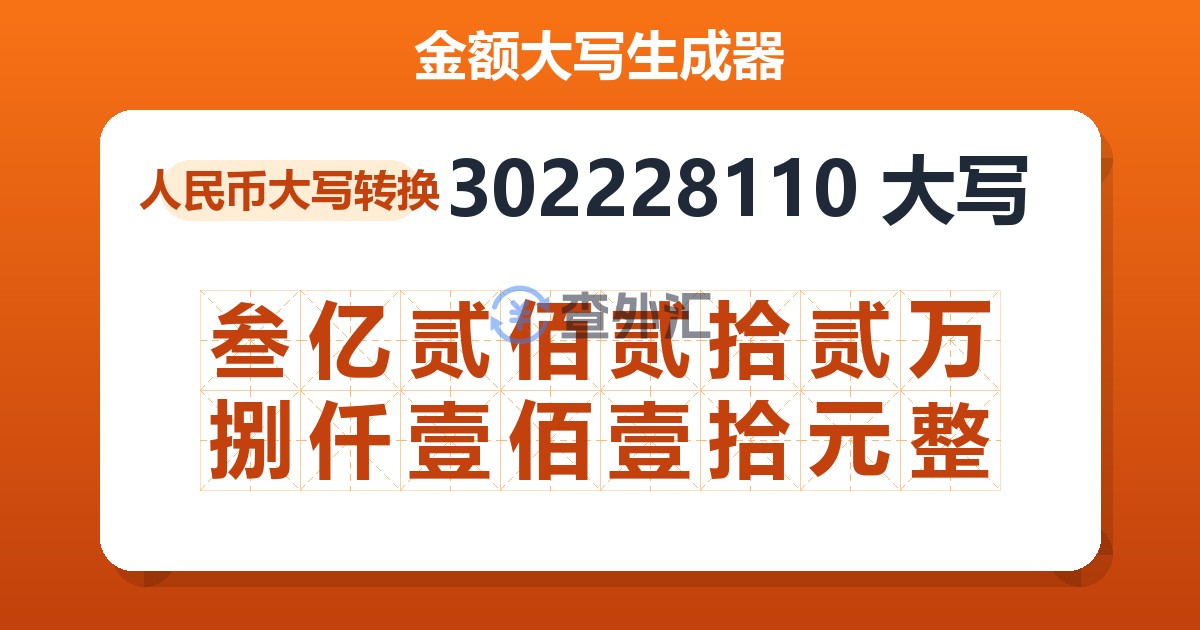 302228110大写 叁亿贰佰贰拾贰万捌仟壹佰壹拾元整
