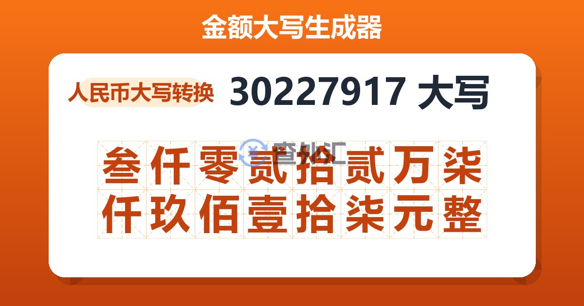 30227917大写 叁仟零贰拾贰万柒仟玖佰壹拾柒元整