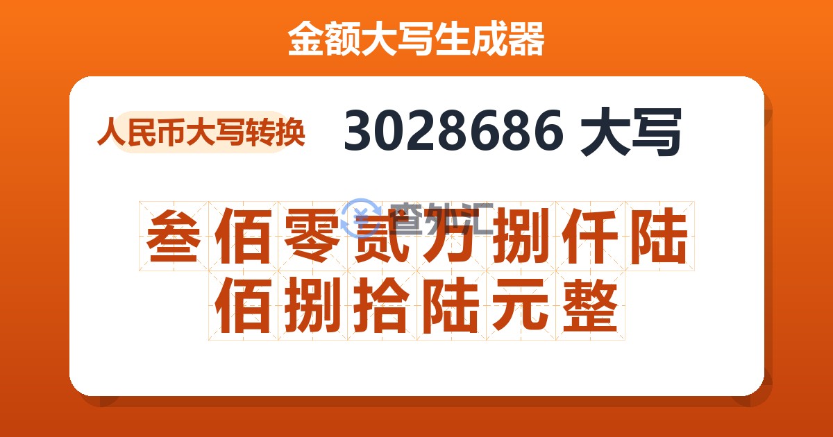 3028686大写 叁佰零贰万捌仟陆佰捌拾陆元整