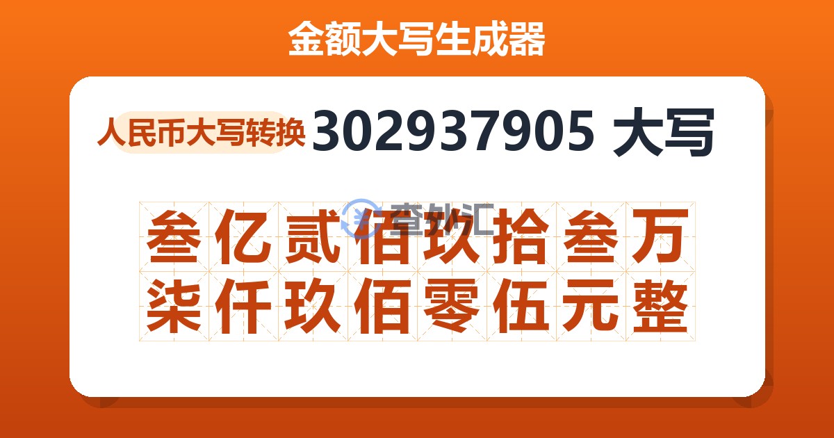 302937905大写 叁亿贰佰玖拾叁万柒仟玖佰零伍元整