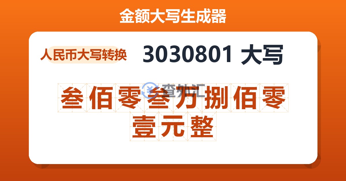 3030801大写 叁佰零叁万捌佰零壹元整