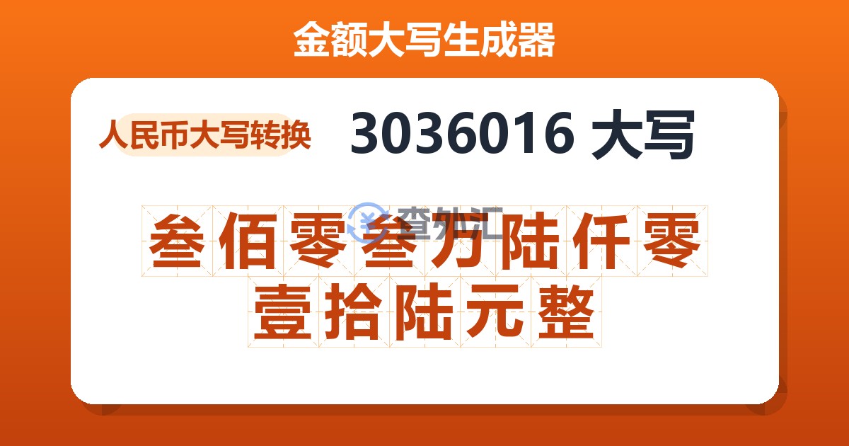 3036016大写 叁佰零叁万陆仟零壹拾陆元整