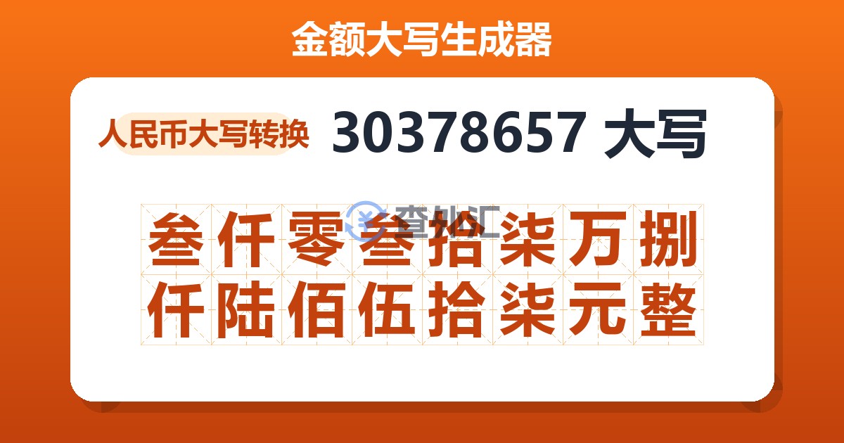 30378657大写 叁仟零叁拾柒万捌仟陆佰伍拾柒元整