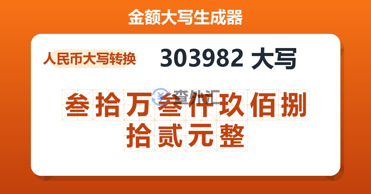 303982大写 叁拾万叁仟玖佰捌拾贰元整
