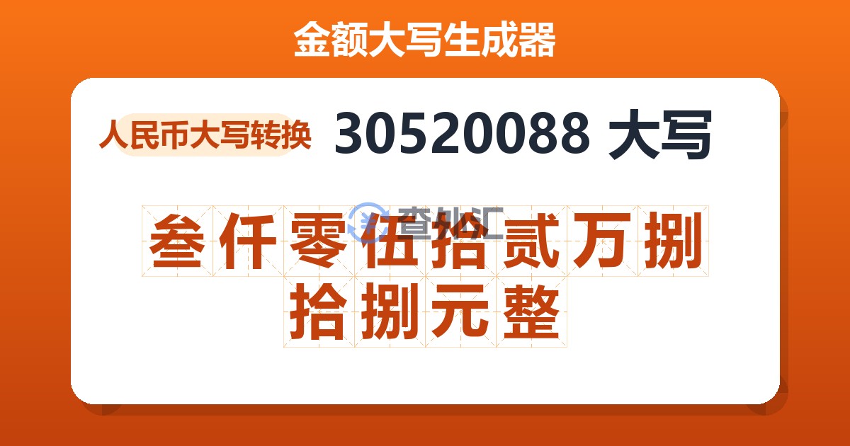 30520088大写 叁仟零伍拾贰万捌拾捌元整