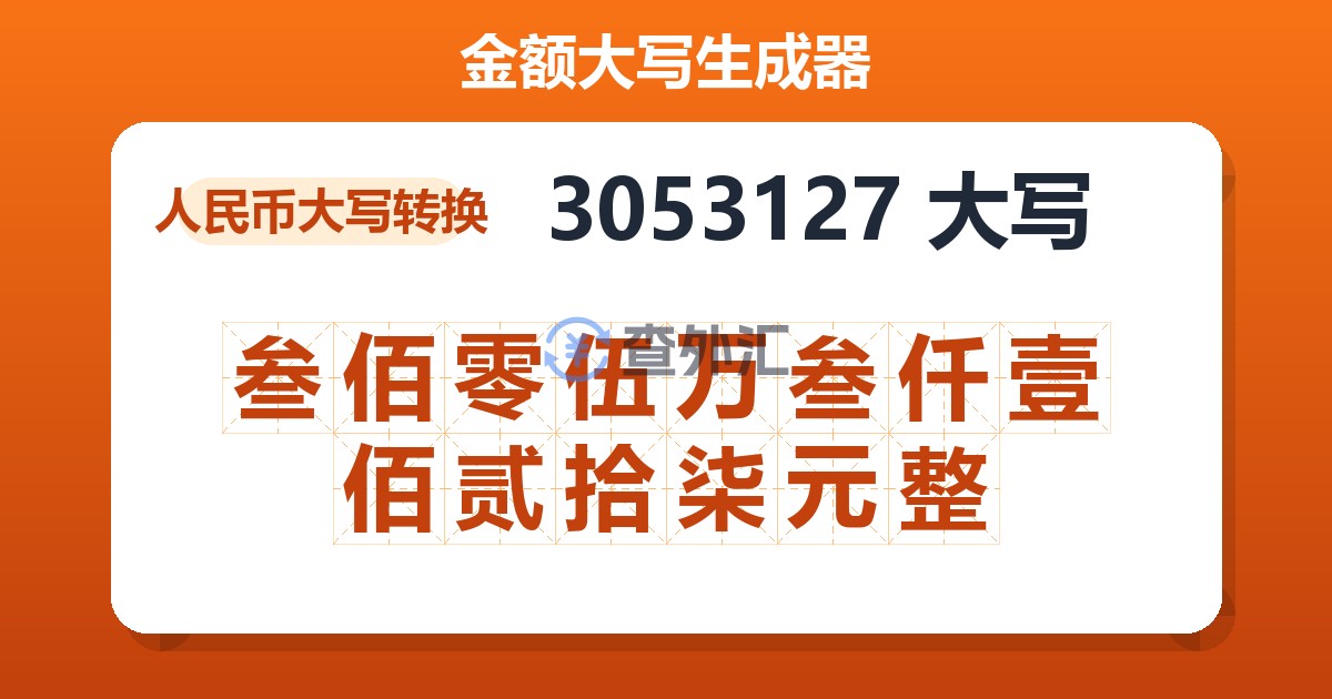 3053127大写 叁佰零伍万叁仟壹佰贰拾柒元整