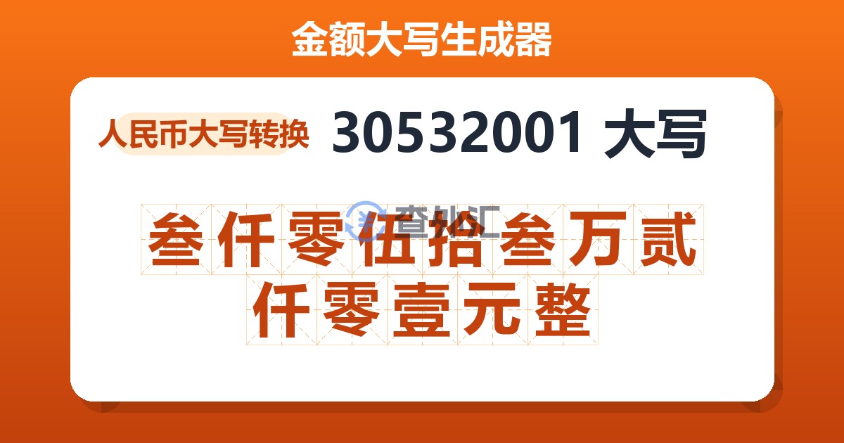 30532001大写 叁仟零伍拾叁万贰仟零壹元整