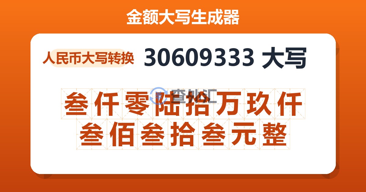 30609333大写 叁仟零陆拾万玖仟叁佰叁拾叁元整