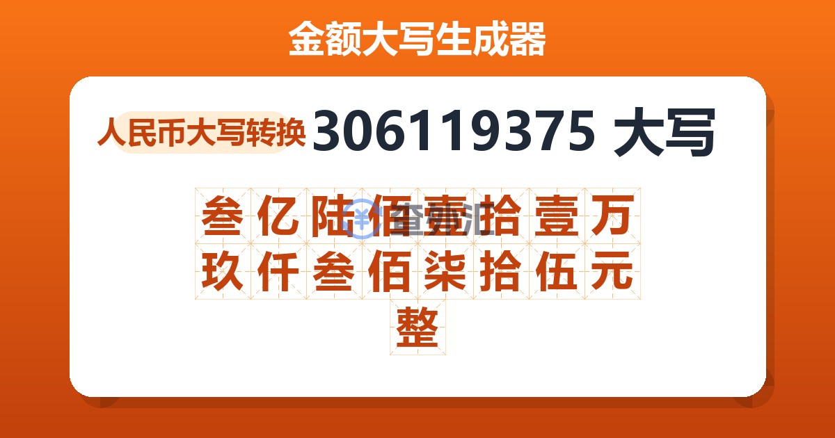 306119375大写 叁亿陆佰壹拾壹万玖仟叁佰柒拾伍元整
