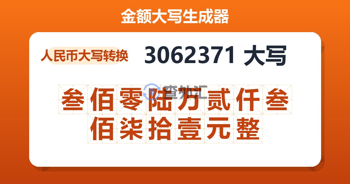 3062371大写 叁佰零陆万贰仟叁佰柒拾壹元整