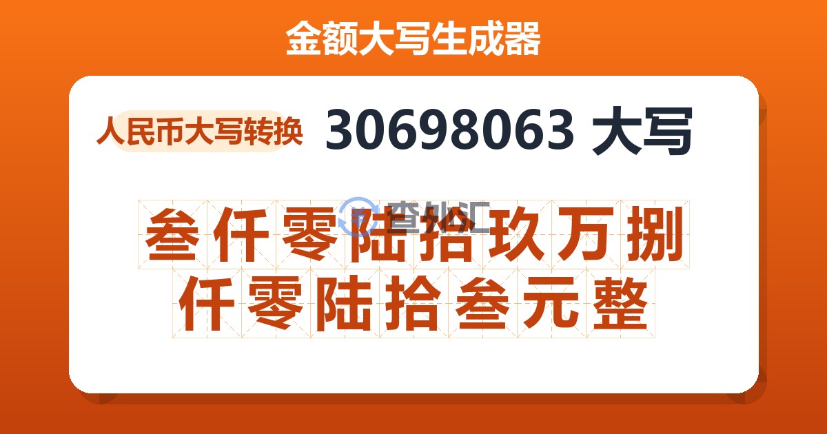 30698063大写 叁仟零陆拾玖万捌仟零陆拾叁元整