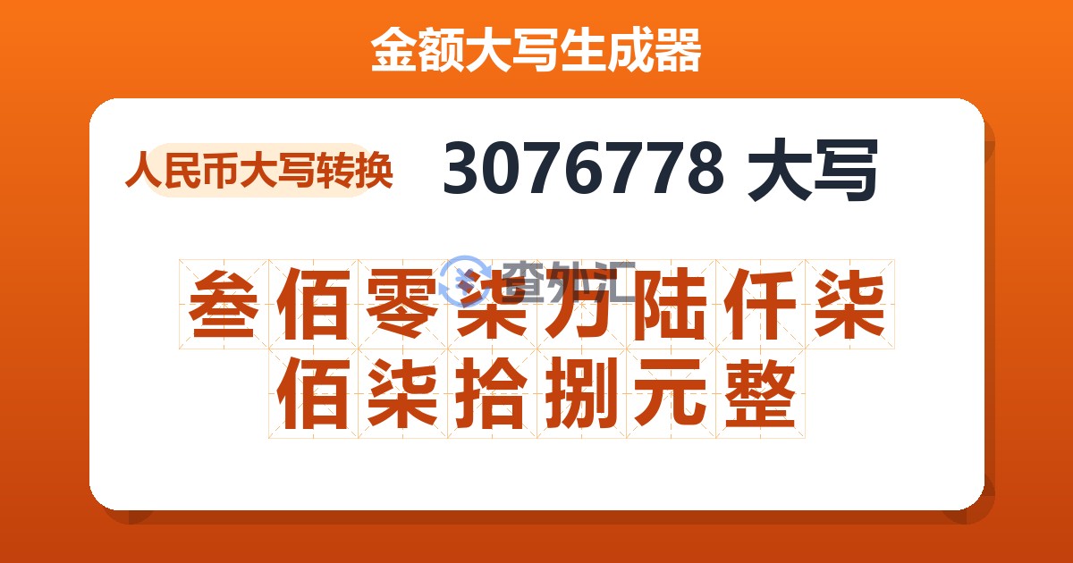 3076778大写 叁佰零柒万陆仟柒佰柒拾捌元整