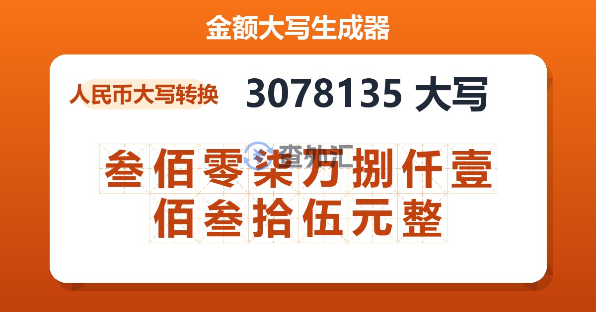 3078135大写 叁佰零柒万捌仟壹佰叁拾伍元整