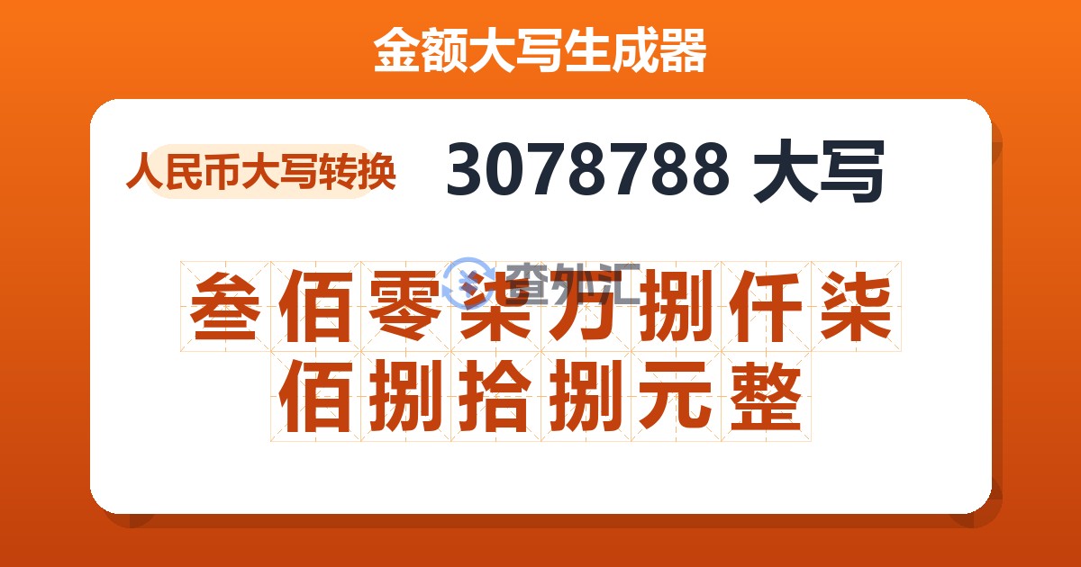 3078788大写 叁佰零柒万捌仟柒佰捌拾捌元整